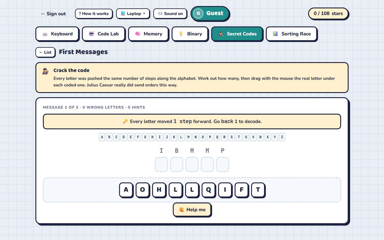 Secret Codes: drag the real letters under a Caesar-shifted message