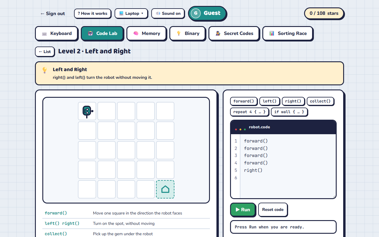 Code Lab: typing forward(), left() and right() to move a robot on a grid