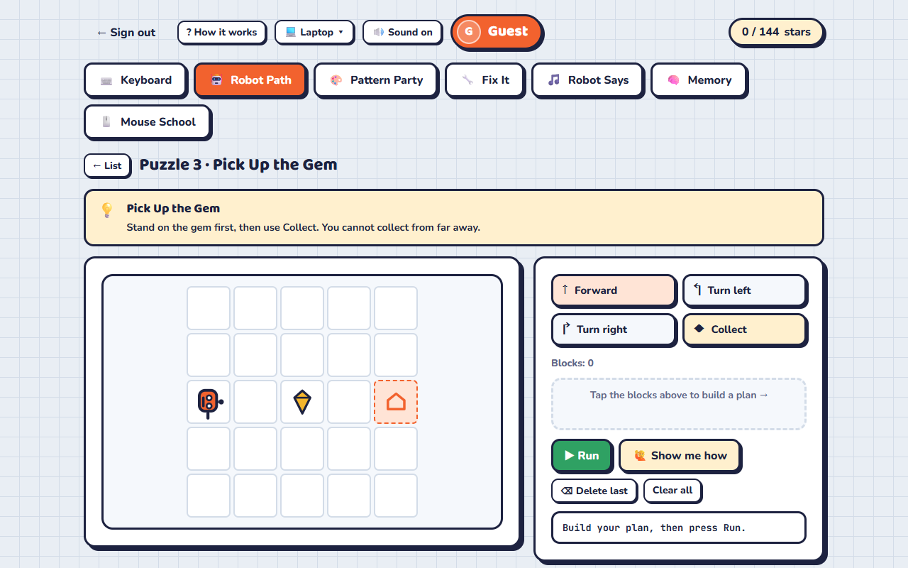 Robot Path puzzle: build a plan from Forward, Turn and Collect blocks to guide the robot to the gem