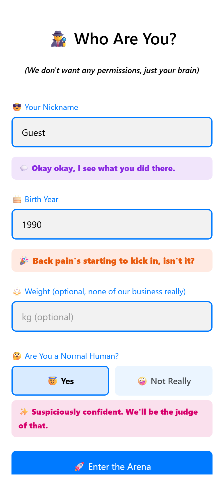 Sign-up screen that comments on your nickname and birth year